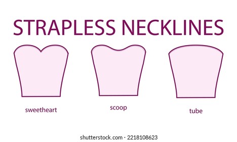 Set of necklines strapless clothes - sweetheart, scoop, tube top, dress, shirt technical fashion illustration with fitted body. Flat apparel template front sides. Women, men unisex CAD mockup