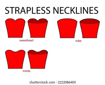 Set of necklines strapless clothes - sweetheart, scoop, tube top, dress, shirt technical fashion illustration with fitted body. Flat apparel template front, back sides. Women, men unisex CAD mockup