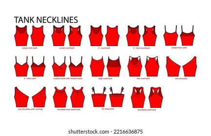 Set of necklines tank clothes - tops, cami, one shoulder, scoop, racerback, V-neck, cowl technical fashion illustration. Flat apparel template front, back sides. Women, men unisex CAD mockup