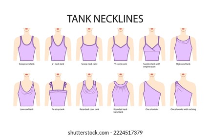 Set of necklines tank clothes - tops, cami, one shoulder, scoop, racerback, V-neck, cowl, strap technical fashion illustration with fitted body. Flat apparel template. Women, men unisex CAD mockup