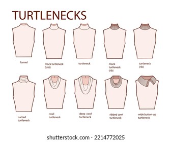 Set of necklines turtlenecks clothes sweaters, tops ribbed, knit, funnel neck technical fashion illustration with fitted body. Flat apparel template front sides. Women, men unisex CAD mockup