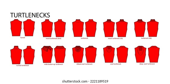 Set of necklines turtlenecks clothes sweaters, tops ribbed, knit, funnel neck technical fashion illustration with fitted body. Flat apparel template front, back sides. Women, men unisex CAD mockup