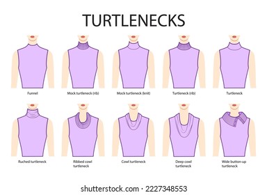 Set of necklines turtlenecks clothes sweaters, tops ribbed, knit, funnel neck technical fashion illustration with fitted body. Flat apparel template front sides. Women, men unisex CAD mockup