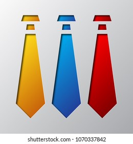 Set of neckties is cut from the paper. Vector illustration. Paper art of the three colored neckties, isolated.