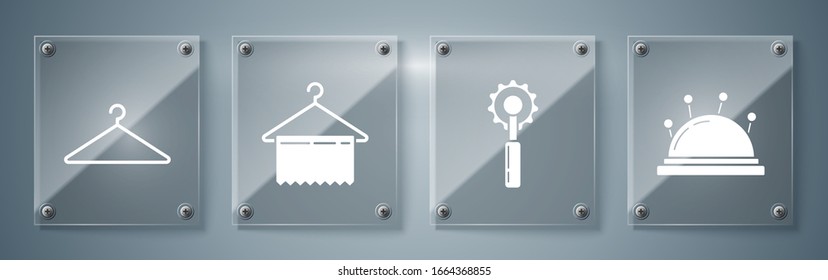 Set Needle bed and needles, Cutter tool, Hanger wardrobe and Hanger wardrobe. Square glass panels. Vector