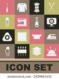 Set Needle bed and needles, Electric iron, Location tailor shop, Sewing thread, machine, Safety pin, Awl tool and Zipper icon. Vector