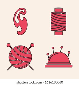 Set Needle bed and needles, French curves, Sewing thread on spool and Yarn ball with knitting needles icon. Vector