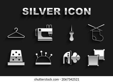 Set Needle bed and needles, Knitting, Textile fabric roll, Electric iron, Thimble for sewing, Awl tool, Hanger wardrobe and Sewing machine icon. Vector