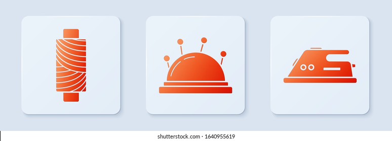 Set Needle bed and needles, Sewing thread on spool and Electric iron. White square button. Vector