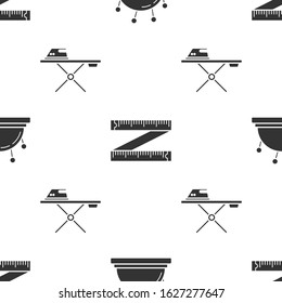 Set Needle bed and needles, Tape measure and Electric iron and ironing board on seamless pattern. Vector