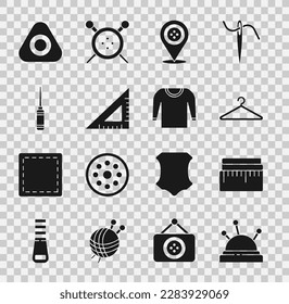Set Needle bed and needles, Tape measure, Hanger wardrobe, Location tailor shop, Triangular ruler, Awl tool, Sewing chalk and Sweater icon. Vector