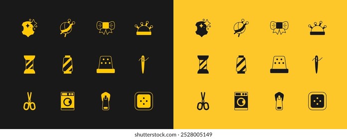 Definir cama de agulha e agulhas, Lavadora, Dedal para costura, Zíper, Linha de costura no carretel, Arco-presente, Bola de couro e fio com ícone de tricô. Vetor