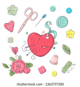 Set of needle bed sewing accessories. Hand drawing. Vector illustration