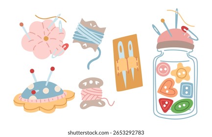 Conjunto de caixas de agulha com alfinetes, fios, fios de útero, conjunto de agulhas, frasco de vidro com botões sobre fundo branco. Ilustração em cores planas. Ferramentas para costura, artesanato, hobbies, artesanato no local de trabalho.