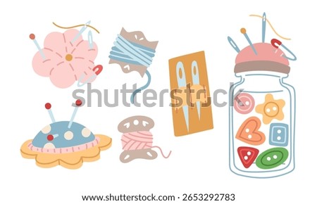 Set of needle cases with pins, threads, uterus threads, set of needles, glass jar with buttons on white background. Flat color illustration. Tools for sewing, handicrafts, hobbies, workplace crafts.