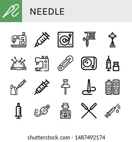 Set of needle icons such as Needle, Sewing machine, Vaccination, Turntable, Tattoo machine, Space needle, Pin cushion, Safety pin, Syringe, Vaccine, Push pin, Model craft ,