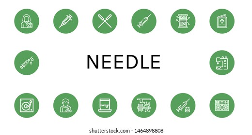 Set of needle icons such as Tailor, Syringe, Acupuncture, Thread, Vaccination, Turntable, Shoemaker, Handicrafts, Sewing, Sewing machine , needle