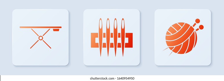 Set Needle for sewing, Ironing board and Yarn ball with knitting needles. White square button. Vector