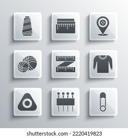 Set Needle for sewing, Safety pin, Sweater, Tape measure, Sewing chalk, Yarn ball, thread and Location tailor shop icon. Vector