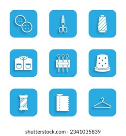Set Needle for sewing, Textile fabric roll, Hanger wardrobe, Thimble, Sewing thread on spool, Shirt,  and button icon. Vector