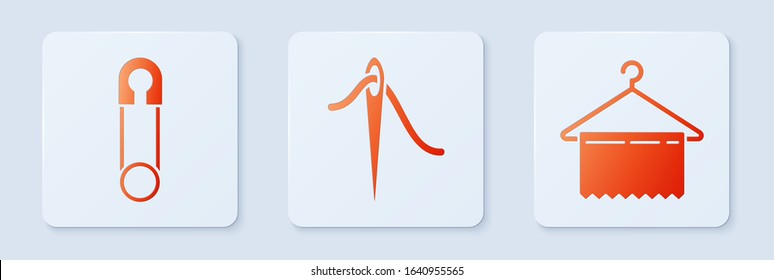 Set Needle for sewing with thread, Classic closed steel safety pin and Hanger wardrobe. White square button. Vector