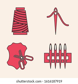 Set Needle for sewing, Sewing thread on spool, Needle for sewing with thread and Scissors and leather icon. Vector