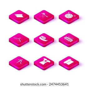Set Needle for sewing with thread, Woman dress, Hanger wardrobe, Tape measure, Textile fabric roll, Yarn ball knitting needles and Electric iron and ironing board icon. Vector