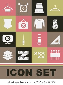 Set Needle for sewing, Triangular ruler, Sewing thread, Thimble, Tailor shop, Leather, Hanger wardrobe and Sweater icon. Vector