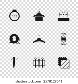 Set Needle for sewing, Yarn, Layers clothing textile, Hanger wardrobe, Thimble, Round adjustable embroidery hoop,  and Leather icon. Vector