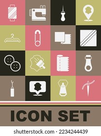 Set Needle with thread, Zipper, Textile fabric roll, Awl tool, Safety pin, Hanger wardrobe, Sewing on spool and  icon. Vector