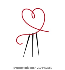 Set of needles with a red thread in the shape of a heart. Flat vector graphic.