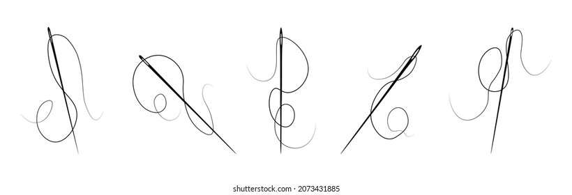 Set of needles with thread on white background. Variety vector sewing needles in flat style