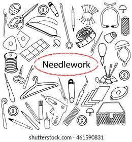 Set of needlework .Accessories for needlework.  Hand drawn. Black and white. 