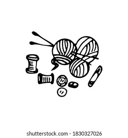 Set von Nadelladeln. Knitter- und Stickereibedarf. Handgezeichnetes Bild einzeln auf weißem Hintergrund. Vektorgrafik