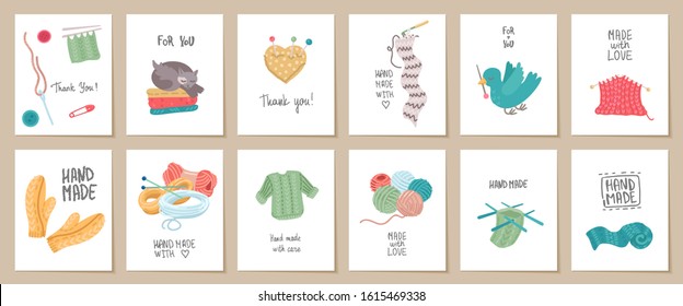 Set of needlework handmade card templates. Labels or tags for hand made goods. Made with love. Yarn and knitting. Crafts workshop. Design for greeting cards. Vector cartoon illustration concept