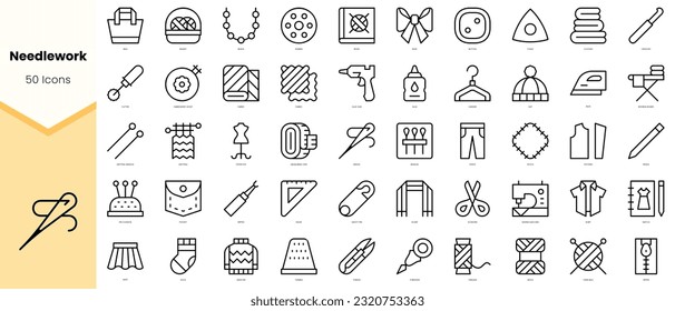 Conjunto de iconos de costura. Paquete de iconos de estilo de arte de línea simple. Ilustración del vector