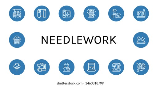 Set of needlework icons such as Sewing, Fabric, Thread, Tailor, Sewing machine, Textile, Handicrafts, Yarn, Knitting, Pin cushion , needlework