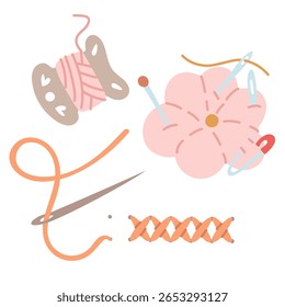 conjunto de ilustrações de agulha com pinos, fios enrolados em uma base esculpida, e um padrão de ponto de cruz com uma agulha em um fundo branco. Ferramentas para costura, artesanato, hobbies e artesanato no local de trabalho.