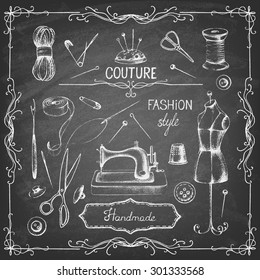 Set of needlework - scissors, measuring tape, mannequin, sewing on the chalkboard . Retro vintage style. Vector illustration.