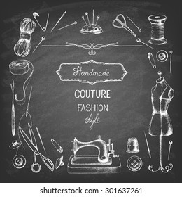 Set of needlework - scissors, measuring tape, mannequin, sewing on the chalkboard . Retro vintage style. Vector illustration.