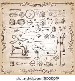 Set of needlework - scissors, measuring tape, mannequin, sewing and more. Retro vintage style. Vector illustration.