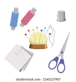 A set of needlework scissors,thread,thimble,needle holder,pins,material with embroidery,isolated on a white background.The vector set can be used in textiles, in sewing shops.