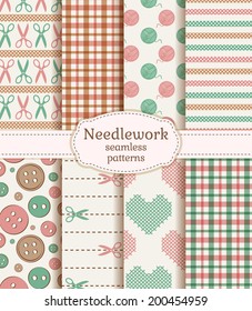 Set of needlework seamless patterns in pastel colors. Vector illustration.