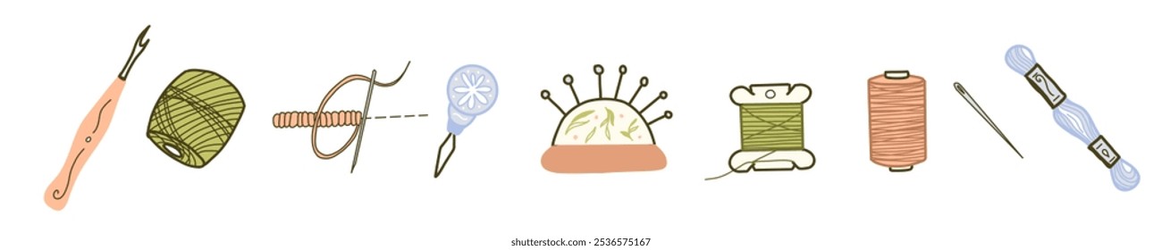 Conjunto de ferramentas de agulha, costura ou bordado. Carretéis de rosca, agulha, Ripador de costura e Leitor de agulha. Almofada com pinos e fio dental mulin. Ilustração de vetor colorido desenhada à mão em estilo Doodle.