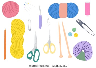 Set of needlework sewing tools. Accessories to knit and sew collection with knitting needles scissors,yarn, ball of wool, needles,buttons.