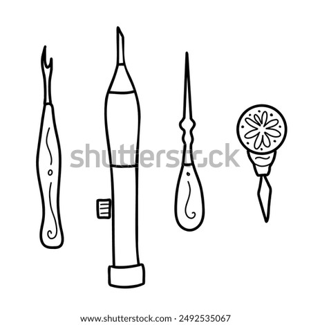 Set of Needlework Tools, Hand drawn Icons. Awl, Embroidery Needle, Seam Ripper and Needle Threader. Hand drawn Vector Illustration in Doodle Style. Vintage Line art.
