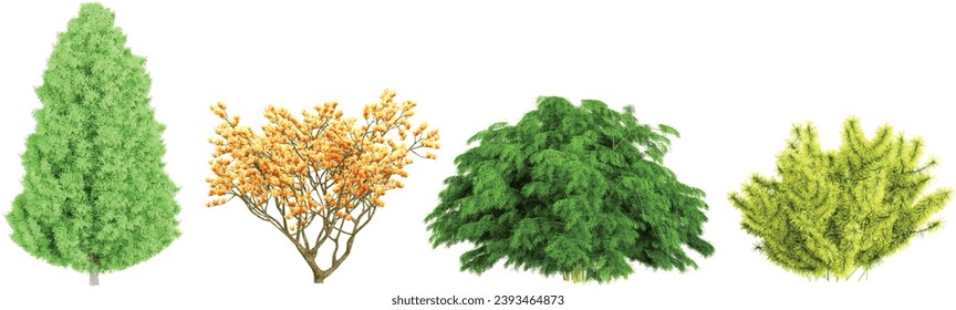 set of neem, Lemon Cypress,Sea buckthorns, Christmas trees on transparent background, 3D rendering