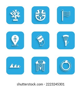 Set Nefertiti, Egyptian pharaoh, Magic symbol of Ouroboros, lotus, pyramids, Cross ankh, Flag Of and Coral icon. Vector