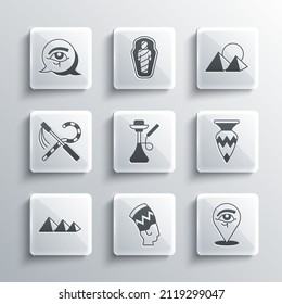 Set Nefertiti, Eye of Horus, Egyptian vase, Hookah, pyramids, Crook and flail,  and  icon. Vector