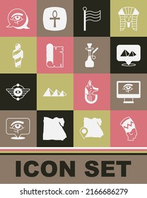 Set Nefertiti, Eye of Horus on monitor, Egypt pyramids, Flag Of, Papyrus scroll, mummy,  and Hookah icon. Vector